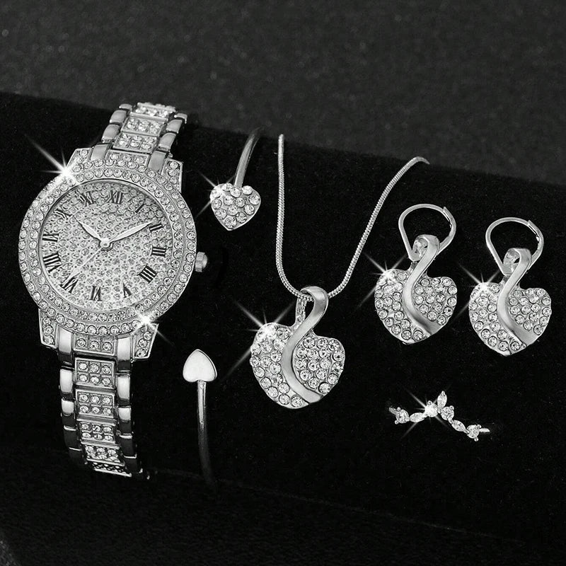 6PCS Women Watch Luxury Elegant Alloy Watch Crystal Wristwatch For Ladies Gift Quartz Watch Alloy Rhinestone Bracelet Montre