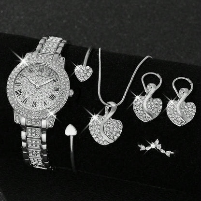6PCS Women Watch Luxury Elegant Alloy Watch Crystal Wristwatch For Ladies Gift Quartz Watch Alloy Rhinestone Bracelet Montre