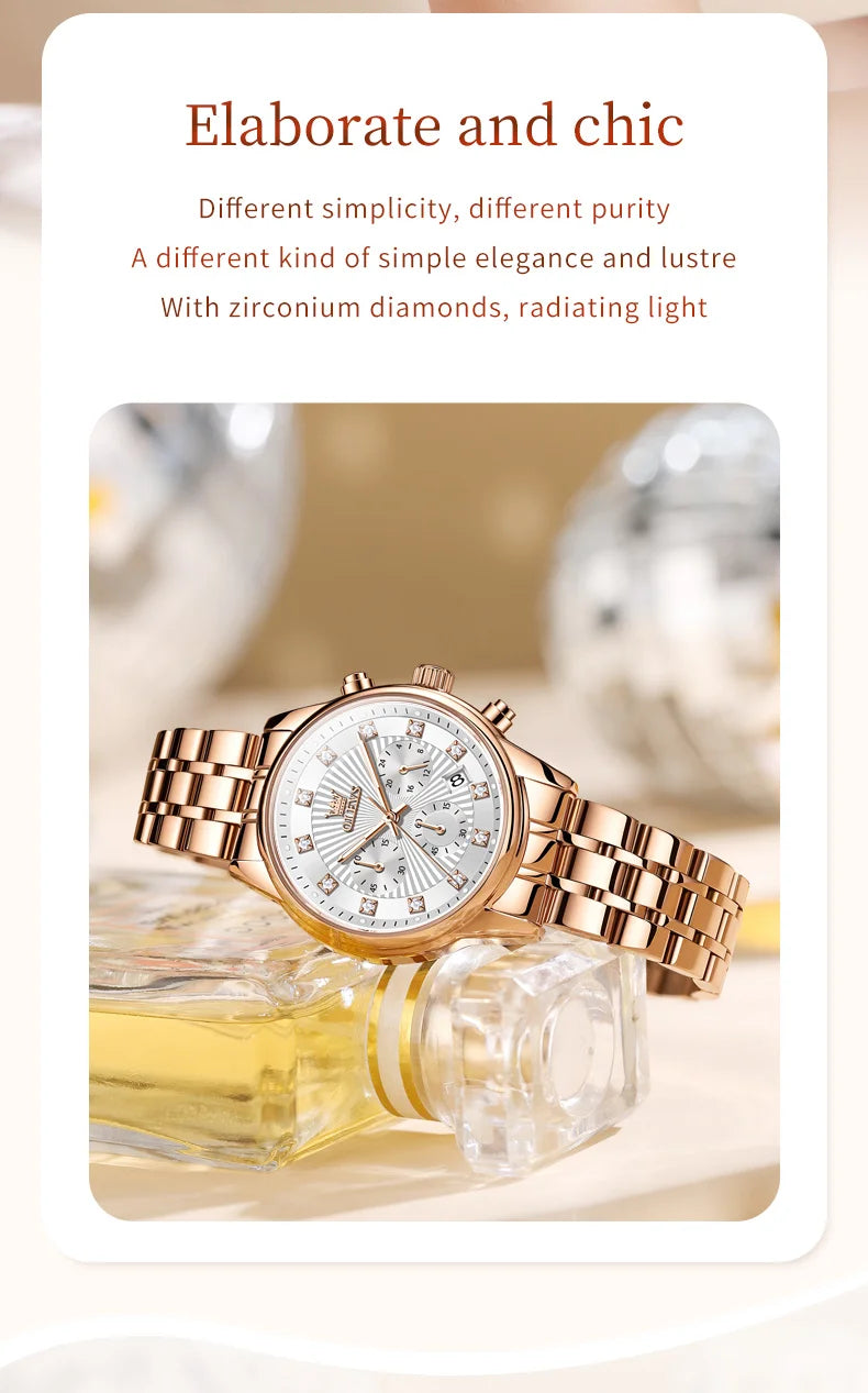 OLEVS 3669 Original Chronograph Quartz Wristwatch for Lady Calendar Waterproof Steel Strap Elegant Dress Women's Watches