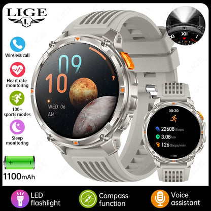 LIGE Smart Watch 2026 Gorąca Sprzedaż 1100mAh Wojskowy Wodoodporny Kompas Latarka LED Tryby Sportowe Męski Smartwatch Dla Android iOS