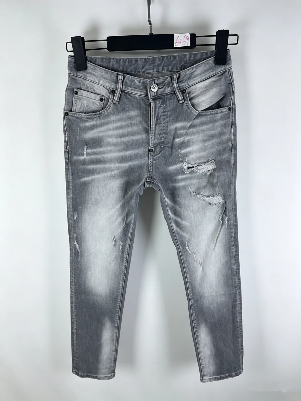 6060 Four Seasons New Men's Washed Ripped Patch Old Slim-fit Straight Black Jeans for Men