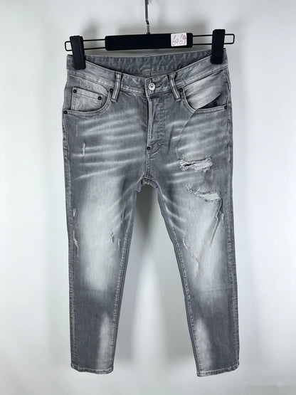 6060 Four Seasons New Men's Washed Ripped Patch Old Slim-fit Straight Black Jeans for Men