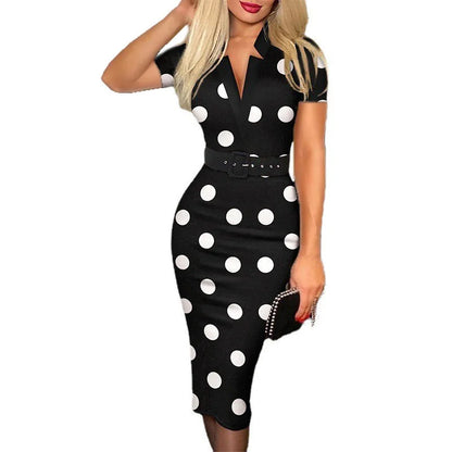 Elegant Print V Neck Dress with Belted Short Sleeve for Women Spring Summer Casual Chic Women's Clothing