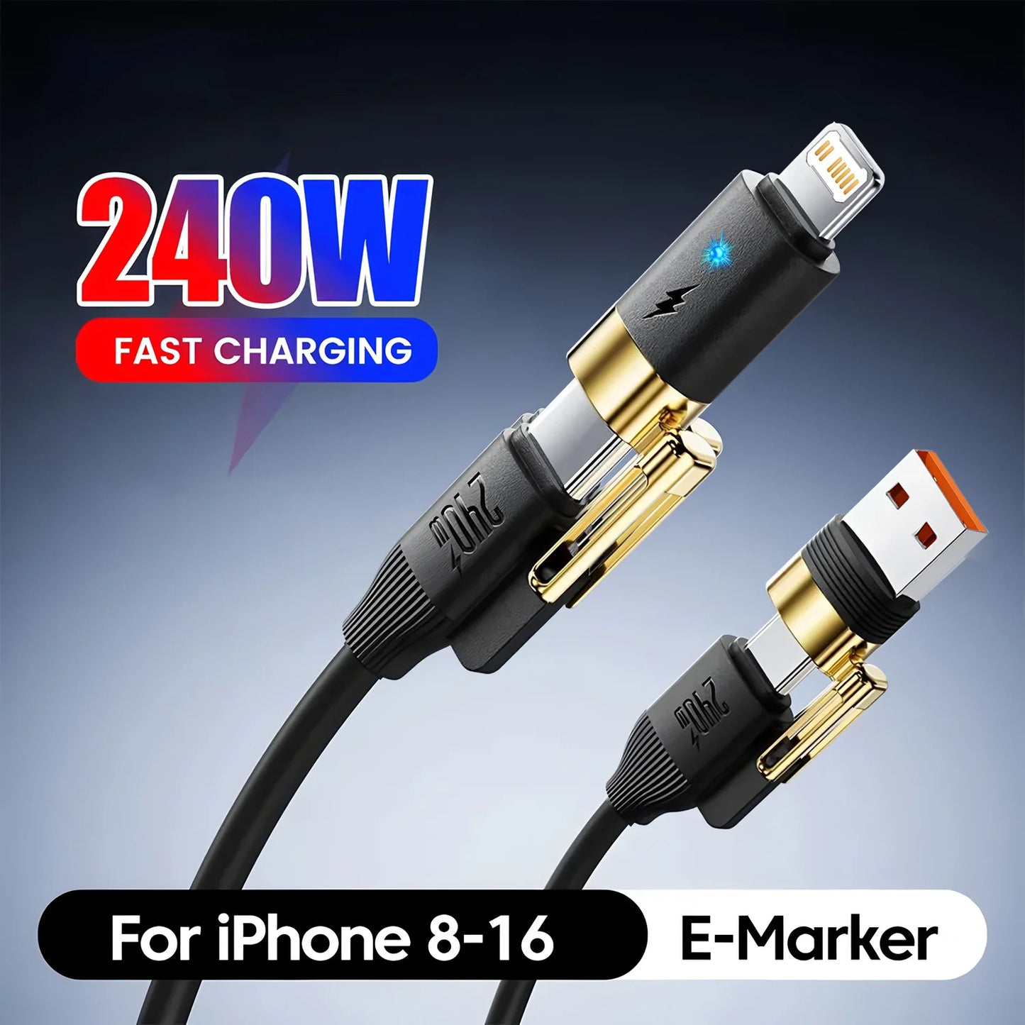 Kabel do szybkiego ładowania i transmisji danych 4 w 1 USB-C do USB-C ze stopu cynku do iPhone 15 14 13 Samsung Huawei Xiaomi
