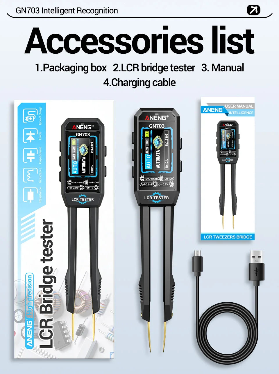 ANENG GN703 Smart Tweezers LCR Meter Professional SMD ESR Test Capacitance Resistance Inductance Digital LCR Bridge Calibration