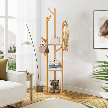 Bamboo Corner Tree Coat Rack Stand with Hooks And Shelves Clothes Hanger for Entryway Bedroom Organization
