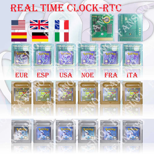 GB/GBC Real Time Clock Pokemon Crystal/Gold/Silver Version Video Game Cartridge with Battery USA/NOE/FRA/ESP/ITA Version