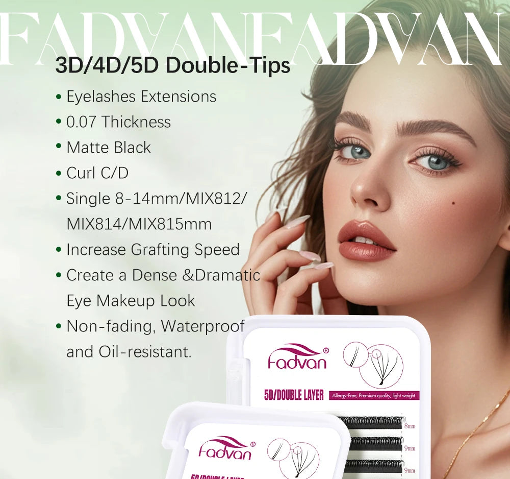 FADVAN 3D/4D/5D W Shaped Double Tips Eyelashes Extensions Natural Softlight Volume Fanning Lashes 0.07 Curl C D Black Eyelashes