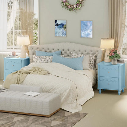 AZ Blue Kids Nightstand,Kids Bedside Table,Night Side Table,2 Drawers Night Stand,Scalloped End Tables Bedroom,Cute Nightstand