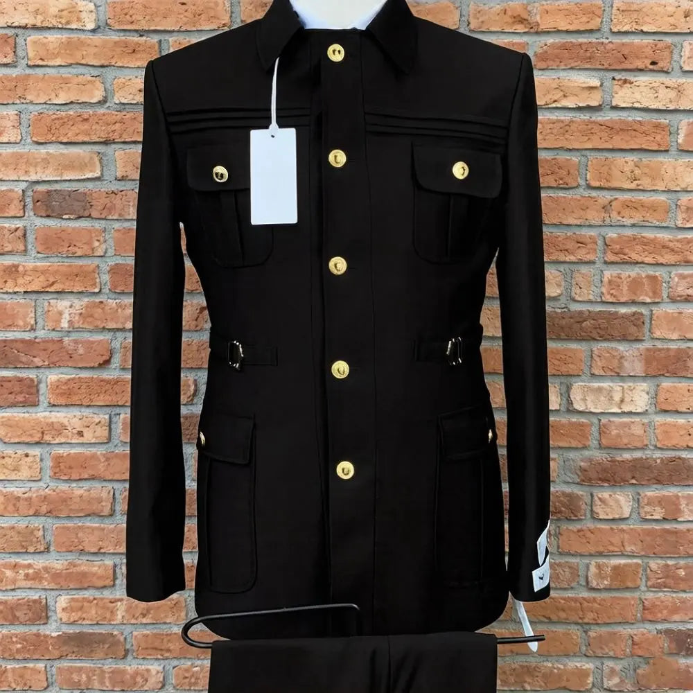 Safari Suits for Men with Stand Collar 2 Pieces Single Breasted Wedding Suit Gold Buttons Formal Casual Groom Prom Wear