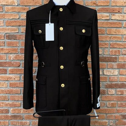 Safari Suits for Men with Stand Collar 2 Pieces Single Breasted Wedding Suit Gold Buttons Formal Casual Groom Prom Wear
