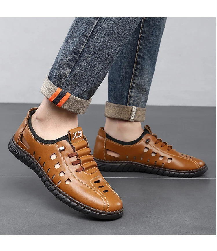 Men's Comfortable Breathable Business Hollow Loafers Slip-On Soft Bottom Sandals Easy Wear Hole Hole Shoes-HT2273