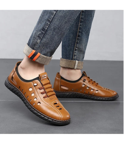 Men's Comfortable Breathable Business Hollow Loafers Slip-On Soft Bottom Sandals Easy Wear Hole Hole Shoes-HT2273