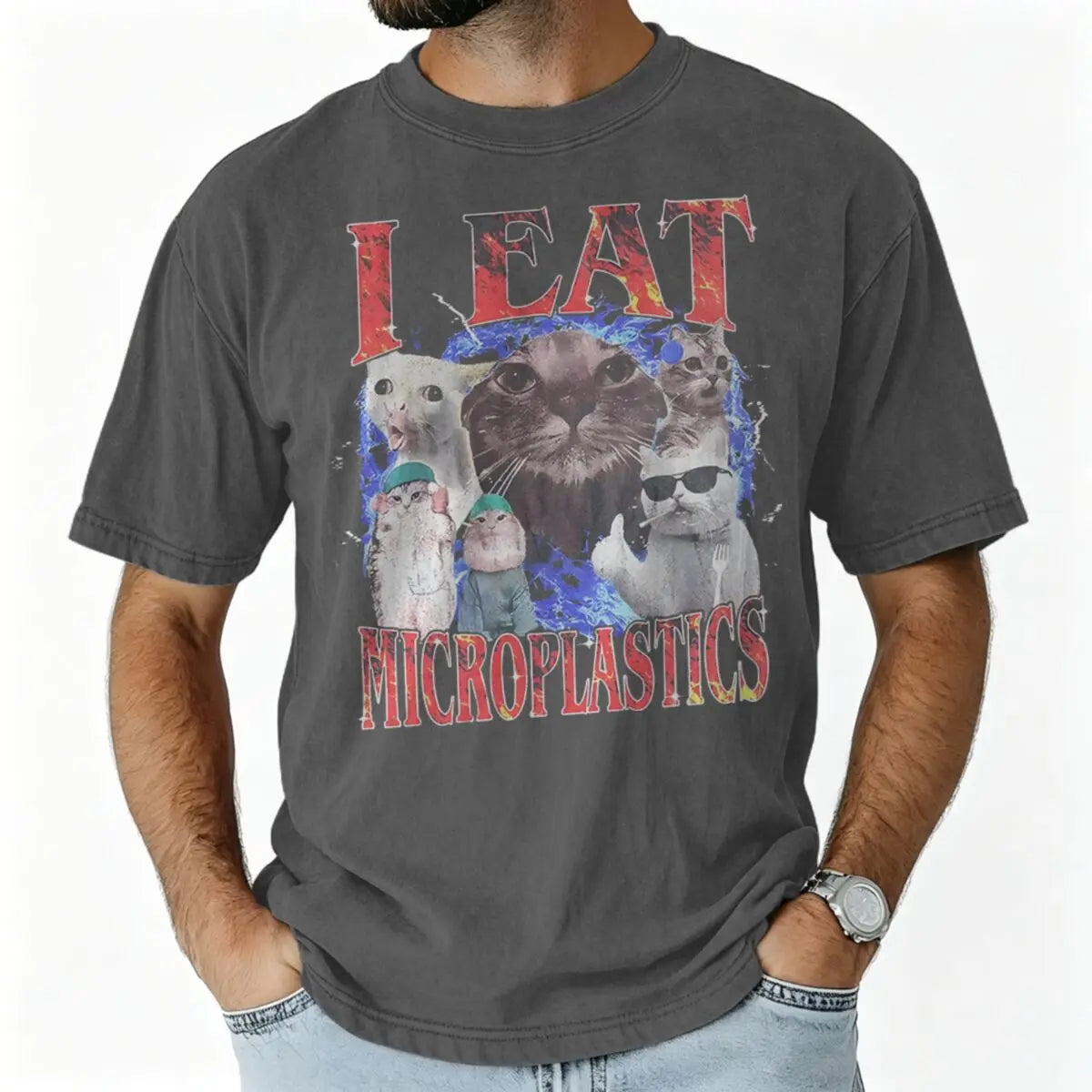 I Eat Microplastics Meme Cats Retro T Shirt 100% Cotton Vintage Washed T-shirt For Men Women