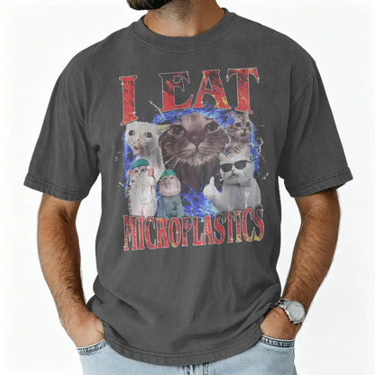 I Eat Microplastics Meme Cats Retro T Shirt 100% Cotton Vintage Washed T-shirt For Men Women