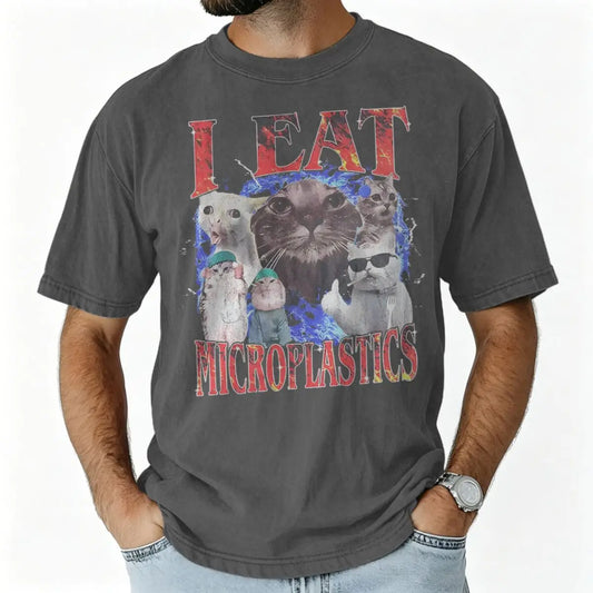 I Eat Microplastics Meme Cats Retro T Shirt 100% Cotton Vintage Washed T-shirt For Men Women