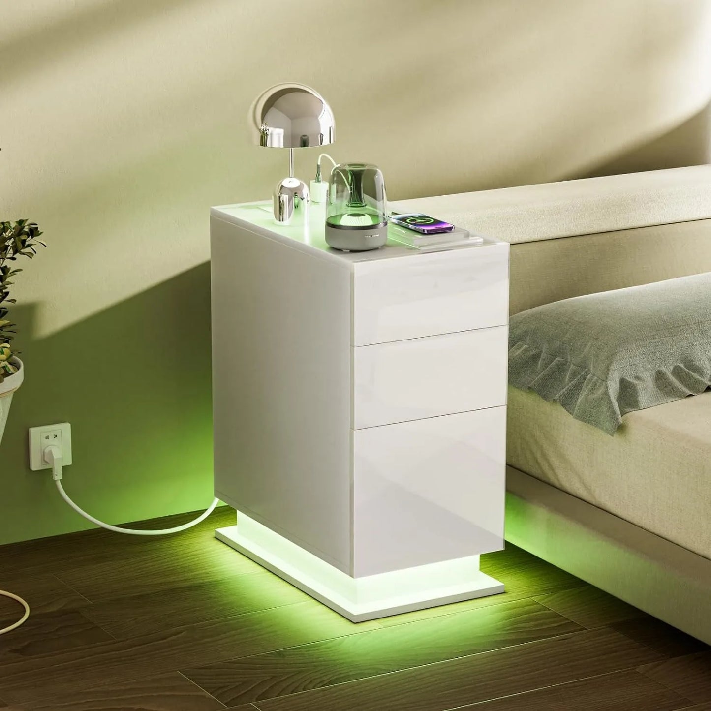 Drawer Cabinet LED Modern Nightstand Bedside Table with LED Lighting 3 Drawers USB Charging Function Narrow Sofa Table Furniture