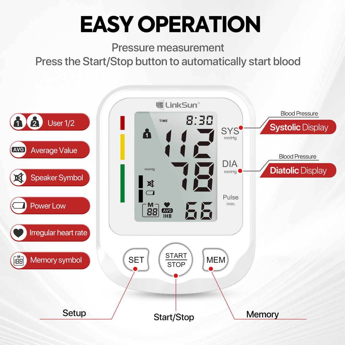 LinkSun Blood Pressure Monitor 2005 Tensiometer Upper Arm Automatic Digital BP Measuring Device Blood Pressure Guage Kit 2005-1