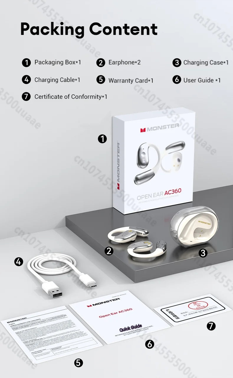 Słuchawki Monster Open Ear AC360 Air Conduction Bluetooth 5.4 Ture Wireless Earphones Stereo 360° OWS Bezprzewodowy Zestaw Słuchawkowy Sportowy