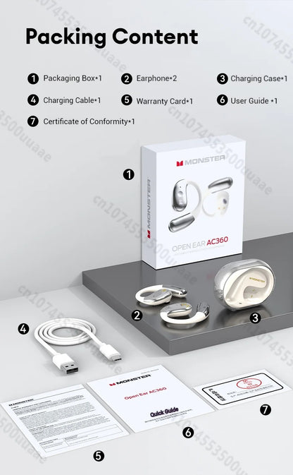 Słuchawki Monster Open Ear AC360 Air Conduction Bluetooth 5.4 Ture Wireless Earphones Stereo 360° OWS Bezprzewodowy Zestaw Słuchawkowy Sportowy