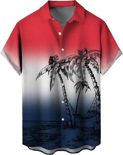 Summer Men's Gradient Sketch Coconut Tree 3D Printed Shirt, Vintage Hawaiian Tropical Quick Drying Loose Shirt