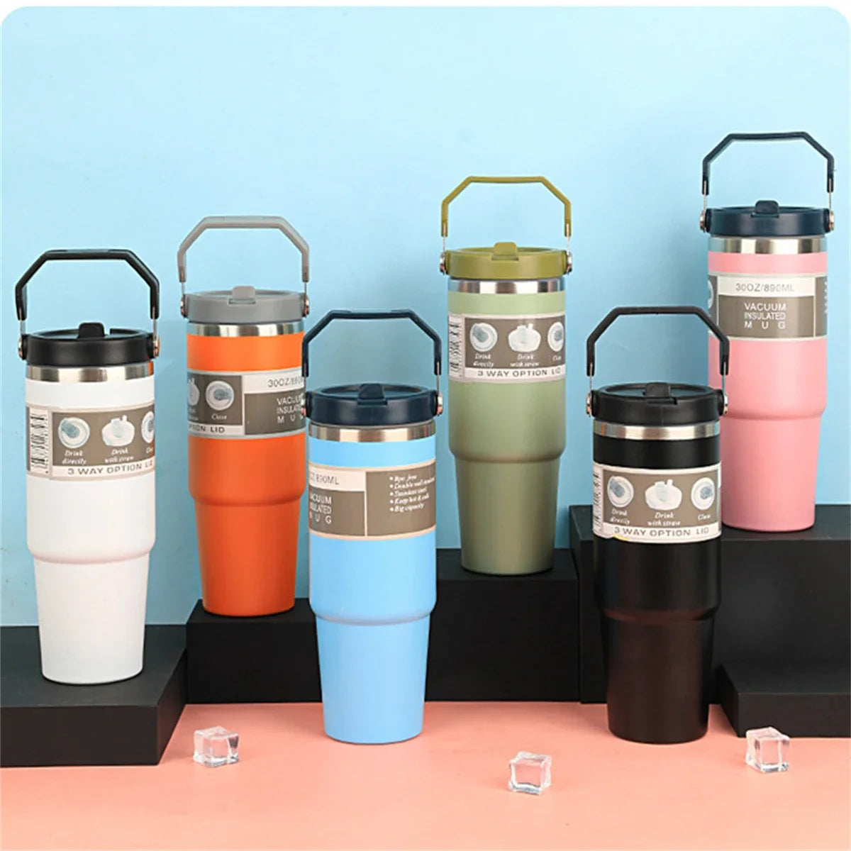 20/30oz Vacuum Insulated Tumbler with Lid: Stainless Steel Portable Cup with Dazzling Tote Handle for Hot & Cold Drinks
