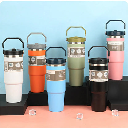 20/30oz Vacuum Insulated Tumbler with Lid: Stainless Steel Portable Cup with Dazzling Tote Handle for Hot & Cold Drinks