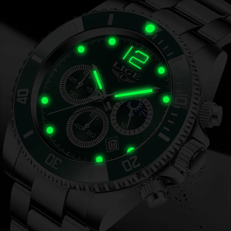 LIGE Outdoor Sport Watch For Men Fashion Military Waterproof Luminous Men Watch Round Stainless Steel Quartz Chronograph Male