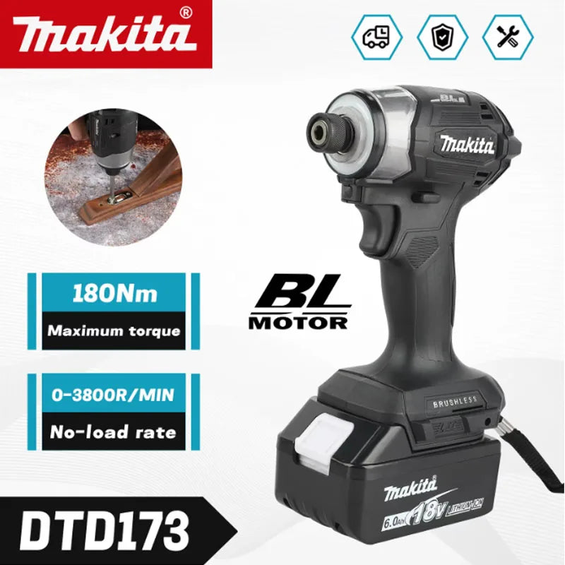 Makita DTD173 Cordless Brushless Impact Driver 1800RPM 180Nm Electric Drill for Wood Bolt T-Mode Compatible with Makita Battery