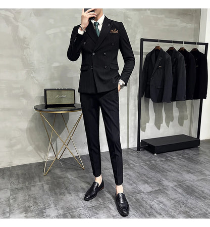 Slim Fit Double-breasted Striped Suit Vest Trousers 3-Piece Set Korean Fashion M-7XL Men's Fashionable Striped Three-piece Suit