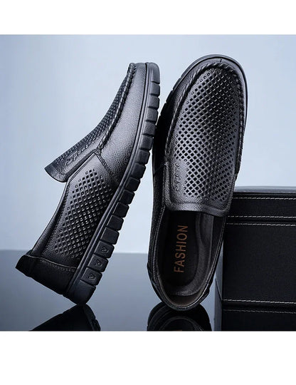 Men's Slip-On Loafers Summer Hollow Out Breathable Casual Shoes Comfortable Soft Sole Anti-Slip Leather Shoes-8822