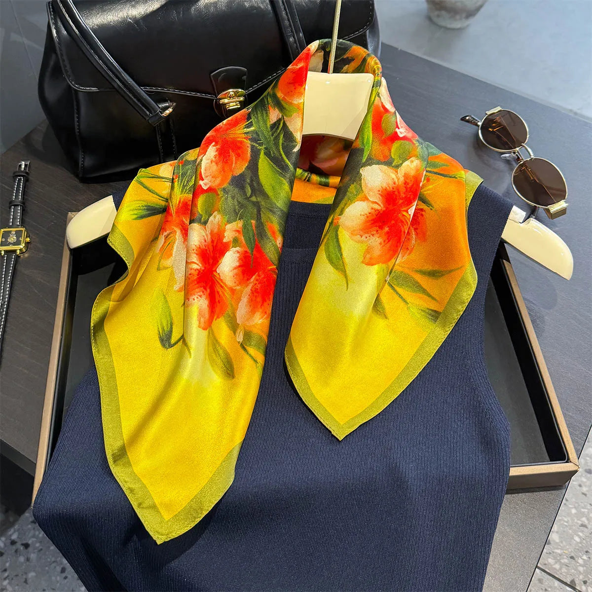Luxury Brand 100% Natural Silk Scarf Women Design Small Square Shawl Hair Ribbon Headband Fashion Neckerchief Bandana