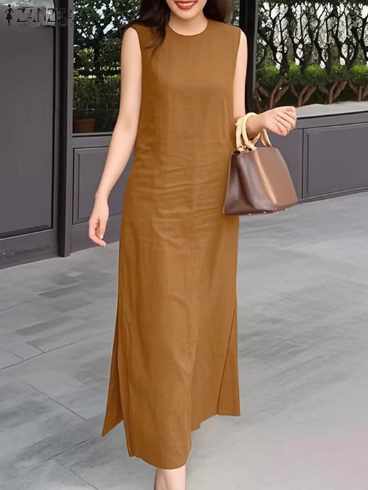 ZANZEA Women Sleeveless Maxi Dresses O-Neck Casual Side-Slit Fashion Long Robes Femme 2025 Summer Commute Solid Tank Vestidos