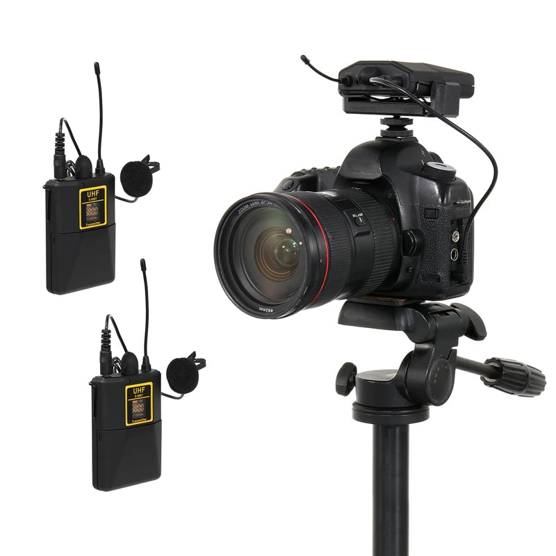 Professional UHF Wireless Lavalier Microphone with Audio Monitor Function Mic 2 Channels 80m Range for DSLR Cameras Interview