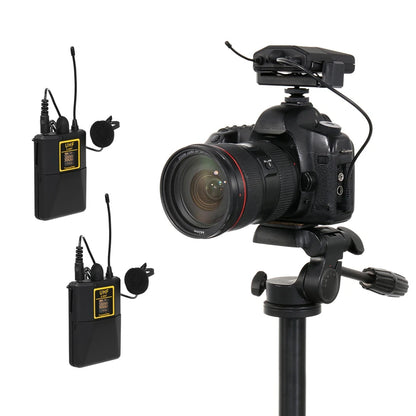 Professional UHF Wireless Lavalier Microphone with Audio Monitor Function Mic 2 Channels 80m Range for DSLR Cameras Interview