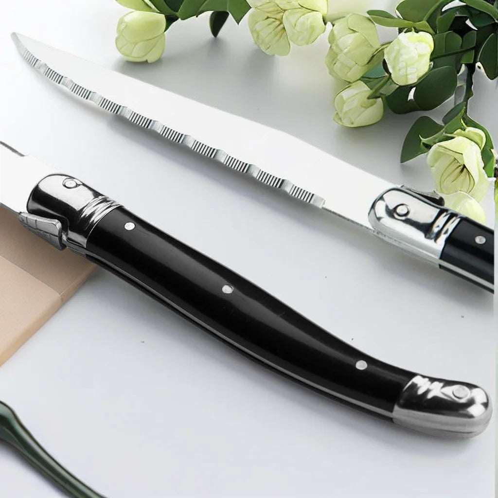 9'' Laguiole Steak Knives Set Serrated Triple Rivet Ergonomic Handle Stainless Steel Black Steel Dinner Table Knife 1/4/6/8 Pcs