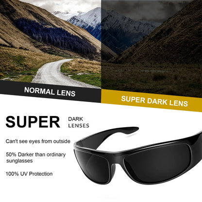 Dark Sunglasses for Men Wrap Around Sunglasses for Big Heads Men UV400 Protection Glasses W8005