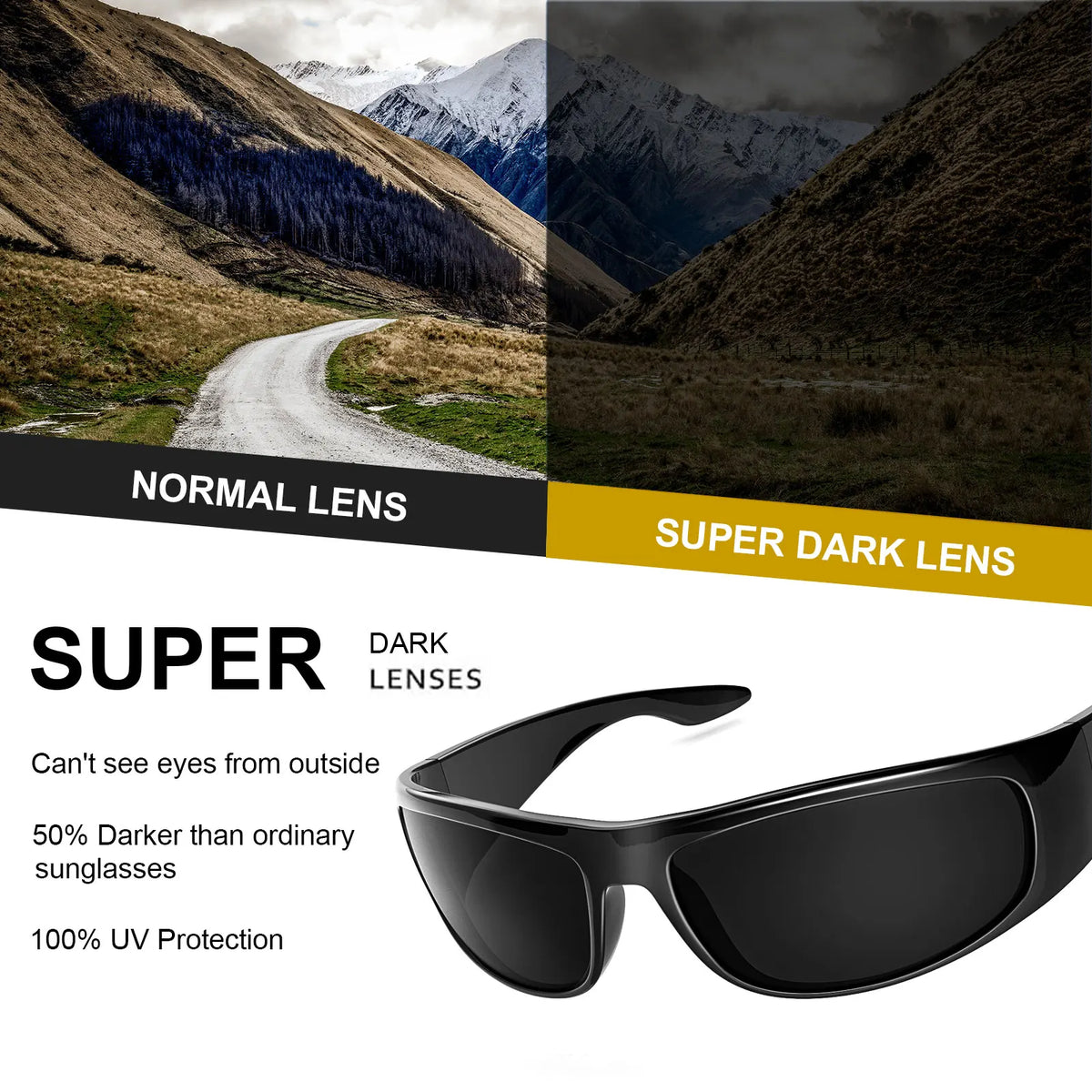 Dark Sunglasses for Men Wrap Around Sunglasses for Big Heads Men UV400 Protection Glasses W8005