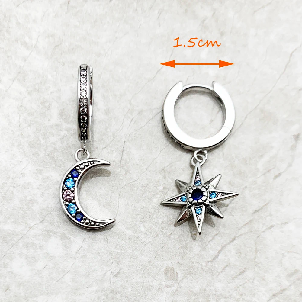 Royalty Star & Moon Hinged Hoop Bohemia Fine Jewerly For Women Lucky Gift In 925 Sterling Silver