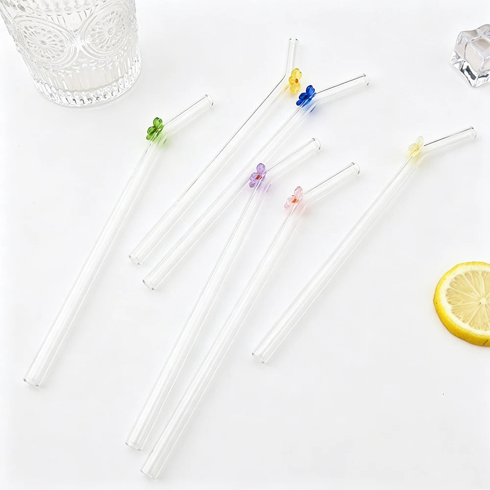 6PCS Reusable Drinking Straws Cute Flower Glass Straws with Cleaning Brush for Coffee Lover Smoothies Frozen Drinks Tea Juice