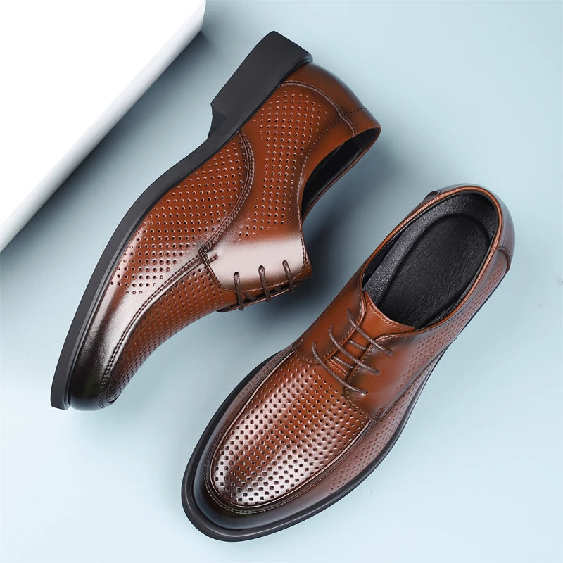 Men's Summer Breathable Leather Shoes Hollow out Comfortable Soft Bottom Business Derby Shoes British Style-SJ5333-1