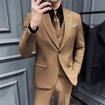 Men Suit Outfit Simple Solid Turn Down Collar Blazer Man Single-breasted Vest Straight-leg Pant Male Slim Wedding 3-piece Set