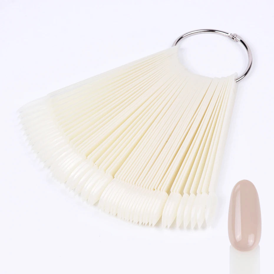 50pcs False Nail Display Tips Clear Nature Color Chart Oval Fan Style UV Gel Polish Swatch Shows Palette Practice Manicure Tools