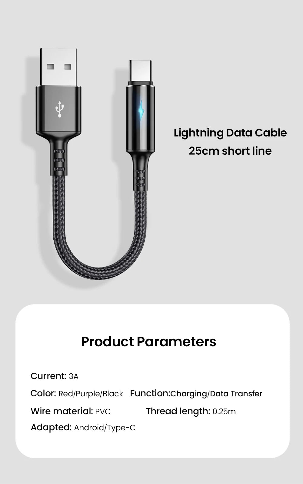 25cm Short Cable USB Type C Cable USB A To Micro USB 3A Fast Charging Cable For iPhone Xiaomi Huawei Mobile Phone Data Charger