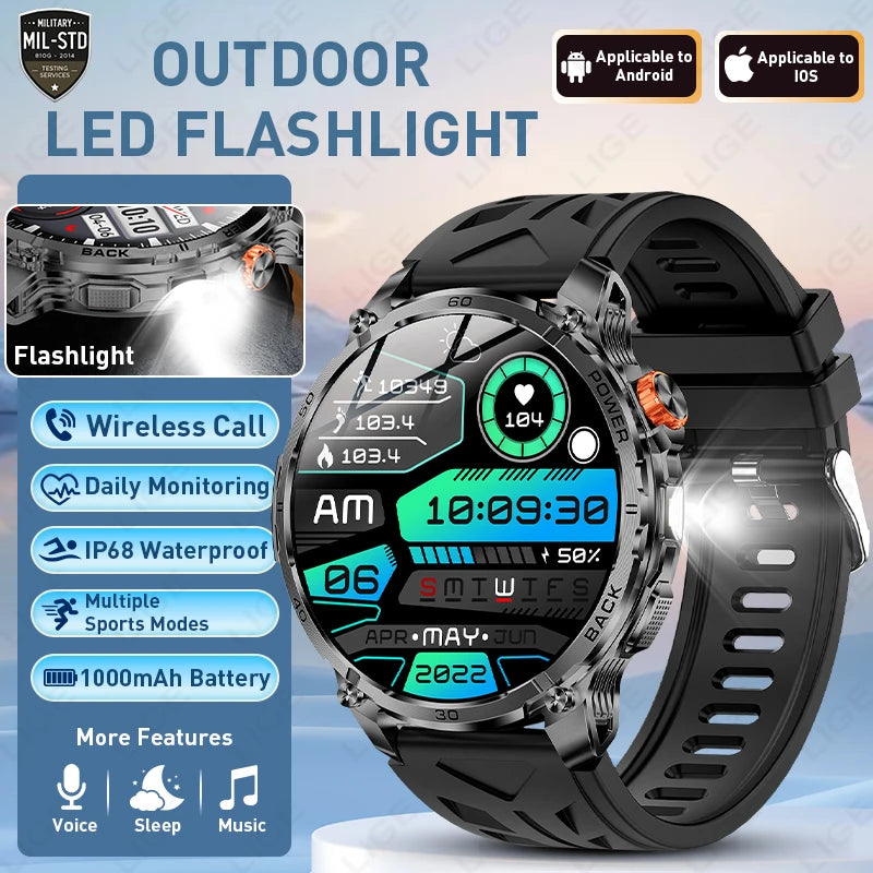 LIGE 2026 Nowy Wojskowy Smartwatch Męski Bateria 1000mAh Wodoodporny 5ATM GPS Rozmowy Bluetooth Wyświetlacz AMOLED Sportowy Smartwatch dla Mężczyzn