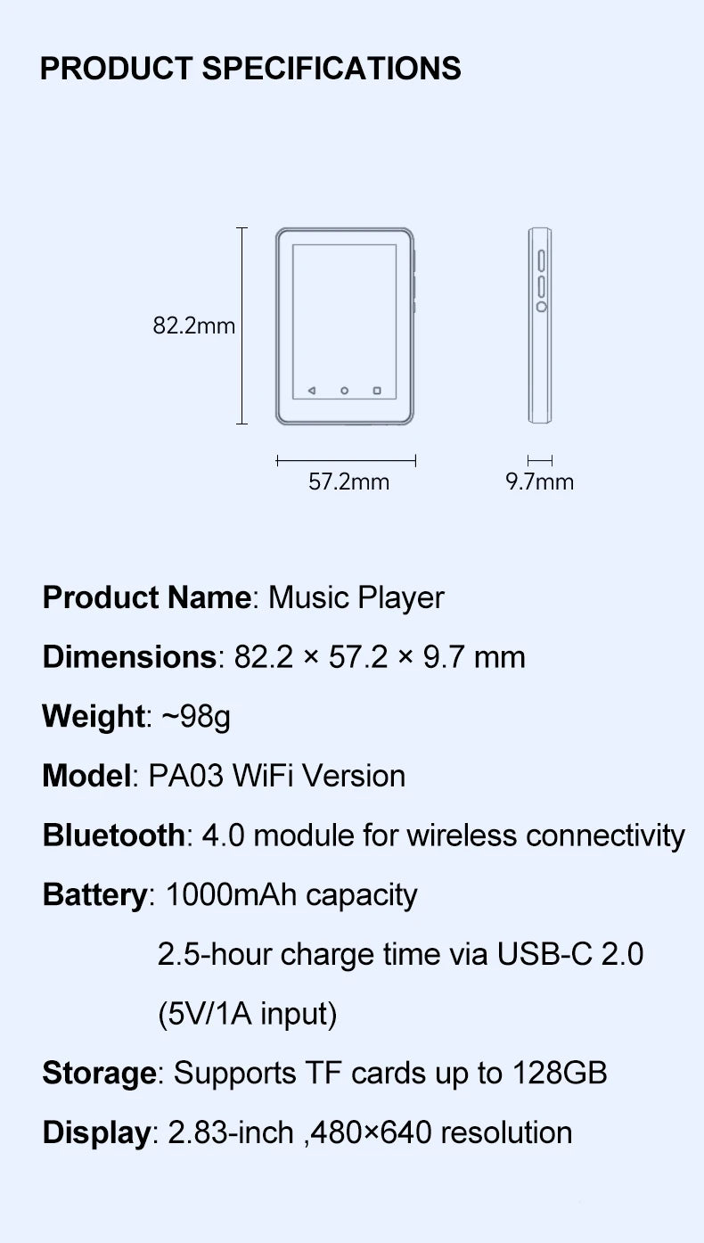 Android and WiFi MP3 Player 2.8 inchs Bluetooth Speaker Online Music Streaming Built in Play Store Spotify Apple Music deezer