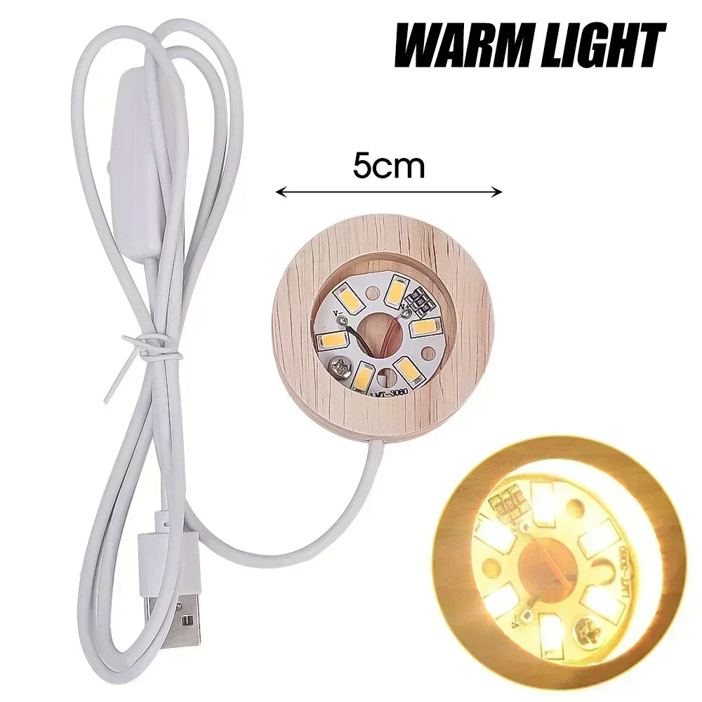 5-8cm Solid Wood LED USB Lamp Holder Display Base Night Light Luminous Bottle Coasters Crystal Ball Glass Ornament Stand Decor