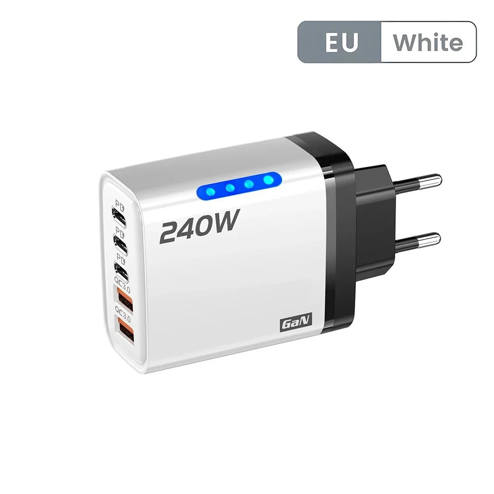 240W GaN 2USB+3Type C Desktop Phone Charger With LED Light Multi Ports Quick Charge 3.0 Adapter For iPhone Samsung Huawei Tablet