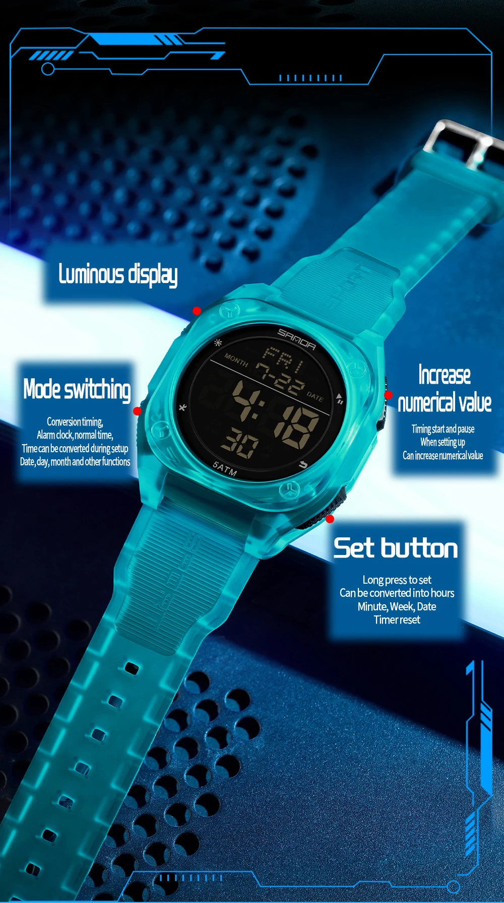 SANDA Digital Watch Multi-function Alarm Clock Luminous Waterproof Silicone Wristwatch Casual Students Electronic Watches