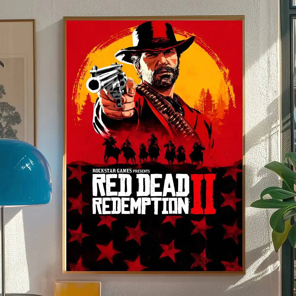Red Dead Redemption 2 Game Poster Self-adhesive Art Room Entrance Restaurant Wall Decor Art Painting